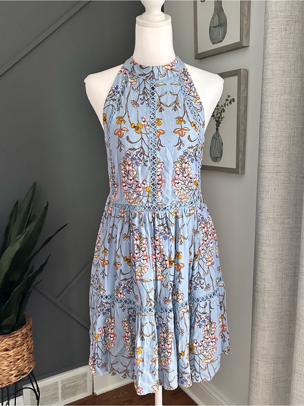 Bohemian Light Blue Floral Halter Backless Sundress